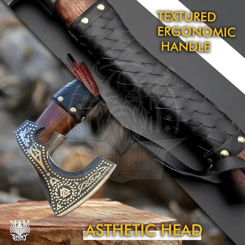 Vista 2 de SHINY CRAFTS - Hacha vikinga barbuda, hacha de madera de valknut para regalo de cumpleaños, hacha vikinga real, hacha barbuda, hacha real