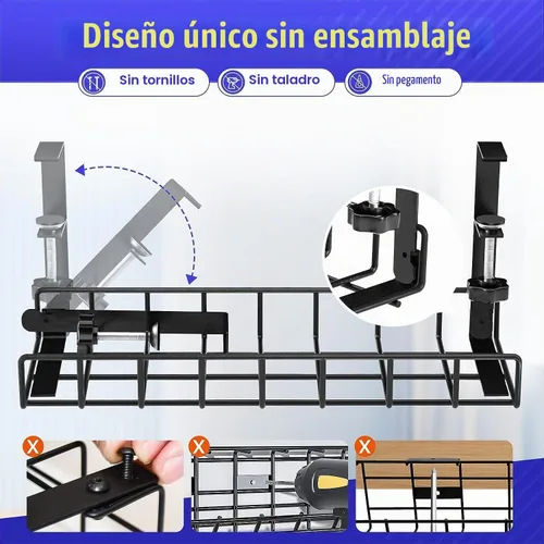 Vista 2 de Bandeja de Gestión de Cables Bajo el Escritorio Paquete de 2, Xpatee Gestión de Cables Sin Tornillos, Bandeja de Cables con Abrazadera para Gestión