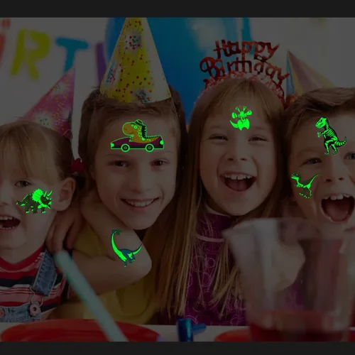 Vista 6 de CHARLENT Tatuajes luminosos de dinosaurio para niños, 14 hojas de tatuajes temporales de dinosaurios que brillan en la oscuridad para niños y niñas