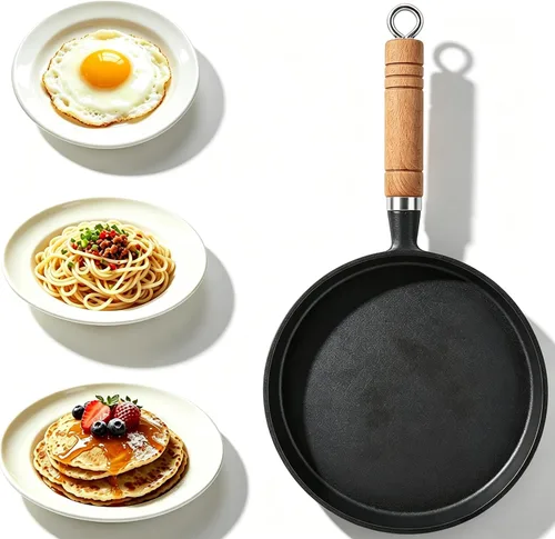 Vista 8 de Mini Sartén para Huevos, Sartén de Hierro Fundido para Tortillas con Mango de Madera, Mini Sartén Pre-Sazonada, Sartén Antiadherente de Hierro