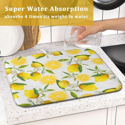 Vista 7 de Tapete de secado de platos de limón para encimera de cocina, de 16 x 18 pulgadas, tapete de secado de microfibra pequeña con acuarela, limón