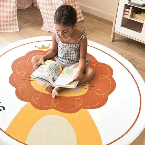 Vista 4 de ABREEZE Alfombra de juego de lana sintética para niños, 4 pies, alfombra redonda de animales, alfombra de felpa suave antideslizante para León