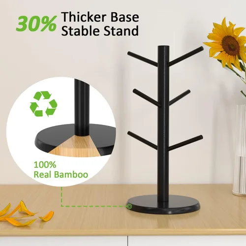 Vista 3 de Wisuce Árbol de taza de café negro, base gruesa de bambú actualizada, soporte para taza de café con 6 ganchos para soporte organizador de tazas
