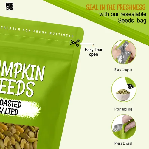 Vista 3 de Semillas de calabaza asadas saladas, pepitas ideales para un refrigerio saludable o para ensaladas, sin cáscara, de Oh! Roasted salted pumpkin