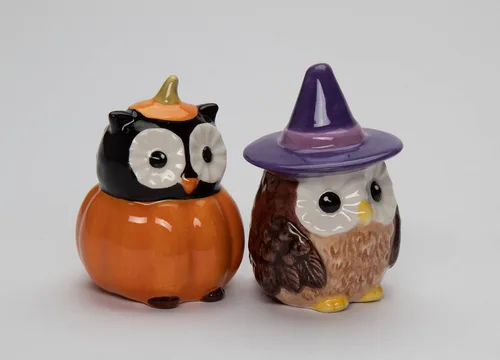 Vista 6 de Juego de salero y pimentero de cerámica fina para Halloween, búho bruja y calabaza, 2-7/8 pulgadas de alto