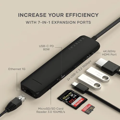 Vista 3 de Satechi Adaptador multipuerto USB C 7 en 1 con Ethernet, HDMI 4K a 60Hz, carga PD de 100 W, 2 puertos de datos USB-A, lectores de tarjetas Micro/SD