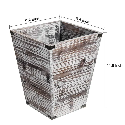 Vista 3 de Liry Products - Cesta de basura cuadrada de madera rústica con antorcha, estilo granja, papelera de reciclaje, soportes de metal decorativos