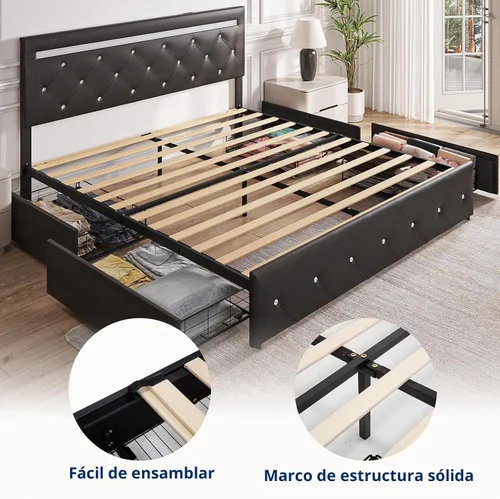 Vista 6 de Benevika Base de cama de tamaño completo con 4 cajones y estación de carga, cama tapizada de cuero PU con cabecera LED ajustable, soporte de Negro