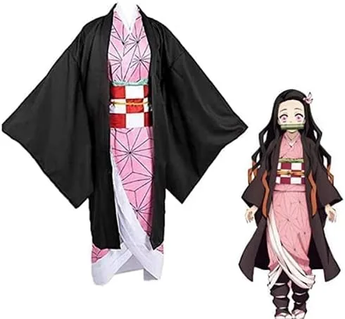 Vista 2 de Kamado Nezuko - Disfraz para niños, conjunto completo de kimono de anime + peluca larga y rizada + llavero