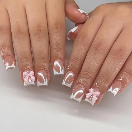 Vista 21 de Lindas uñas a presión de tamaño mediano - Uñas falsas cuadradas con punta francesa, uñas acrílicas rojas de cobertura completa brillantes