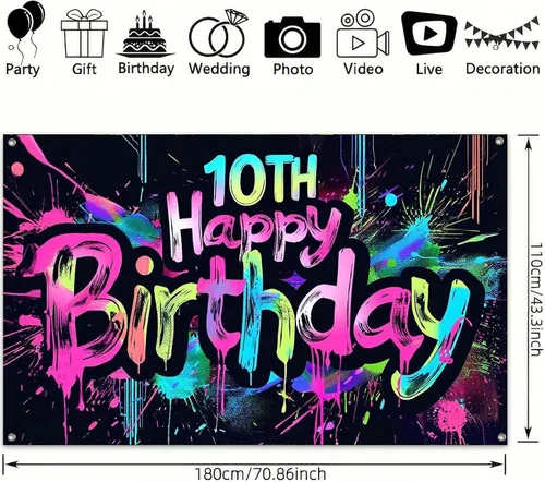 Vista 3 de HOMETITUTE Pancarta de Neón de Feliz 10mo Cumpleaños 71 x 43 pulgadas, Salpicadura de Pintura que Brilla en la Oscuridad, Telón de Fondo
