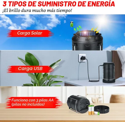 Vista 2 de Paquete de 4 linternas solares para campamento, LED recargables con batería USB/solar/AA, base magnética, gancho para colgar, plegable, impermeable