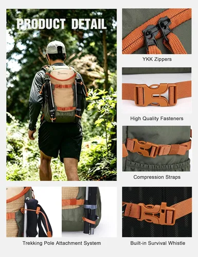 Vista 7 de MOUNTAINTOP Mochila de senderismo de 20L, mochila ligera para exteriores 20l-caqui verde