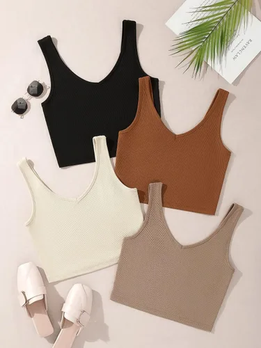 Vista 4 de SheIn Camiseta corta sin mangas con cuello en V para mujer de 4 piezas
