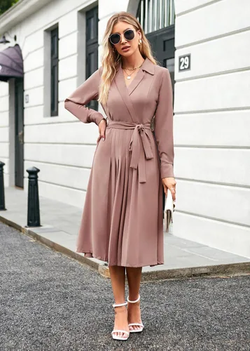 Vista 4 de GRACE KARIN Vestidos de trabajo de manga larga con cuello en V para mujer, vestidos de trabajo de manga larga con cuello en V para negocios, midi