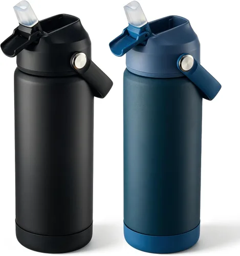Vista 57 de Fijinhom Botella de agua aislada de 18 onzas con 2 tapas, botellas de agua de acero inoxidable, aspiradora de doble pared, mango portátil y parte