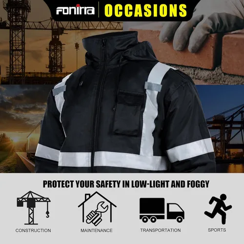Vista 6 de FONIRRA - Chaquetas bomber de alta visibilidad con forro polar, ANSI Clase 2, chaqueta reflectante impermeable para hombres