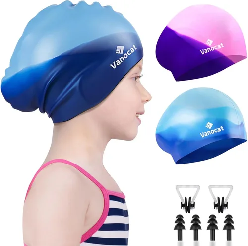Vista 12 de 2 Pack Kids Swim Caps for Long/Short Hair, Unisex Silicone Swimming Cap for Age 3-15 Children Toddler Youth Teen, Waterproof Shower Cap Bathing Hats