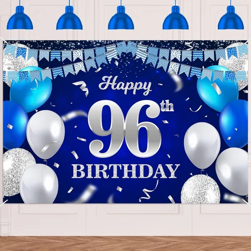 Vista 25 de Bandera de feliz primer cumpleaños con fondo azul marino, globos, confeti, bandera de rayas, luces de puntos, felicitaciones por el tema de 1 año