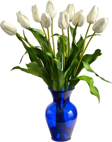 Vista 5 de Nearly Natural Arreglo artificial de tulipanes holandeses de 22 pulgadas en jarrón de color azul Blanco
