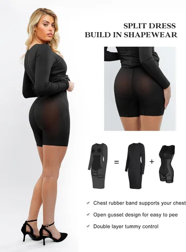 Vista 2 de Popilush 9 in 1 Shapewear Dress Long Sleeve Crew Neck Midi Dress for 2024