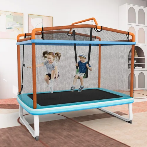 Vista 2 de Giantex - Cama elástica de 6 pies rectangular con columpio, cama elástica mini para niños aprobada por ASTM con red, barra horizontal, cierres