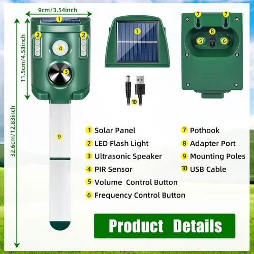 Vista 6 de Repelente solar ultrasónico para exteriores, repelente de ciervos para exteriores, repelente de ardillas, zorrillas para gatos, disuasorio