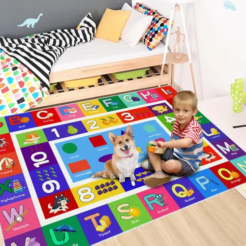 Vista 6 de ABC - Alfombra de juego para niños, con forma del alfabeto, con números del alfabeto, alfombra de área educativa de aprendizaje de frutas, grande