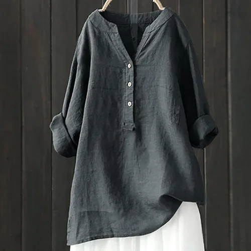 Vista 2 de Loose Button Down Blouse Tops Stand Solid Sleeve Collar Long Casual Women Shirt Women's Blouse Medium Short