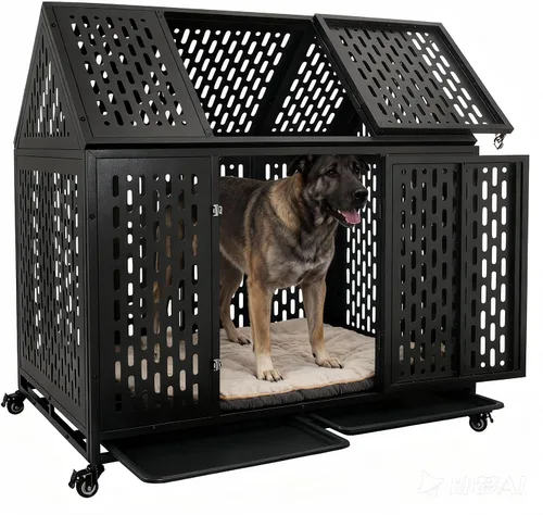 Vista 8 de Jaula indestructible para perros de 54 pulgadas, resistente a prueba de escapes, de acero, doble puerta, alta ansiedad, con ruedas, bandeja