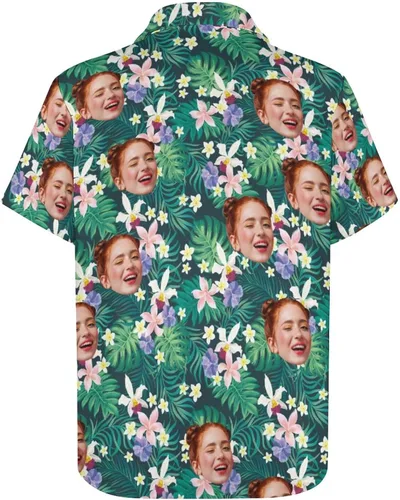 Vista 6 de Camisa hawaiana personalizada con caras, camisa hawaiana de manga corta para hombre, diseño floral tropical para novio, marido, hijo