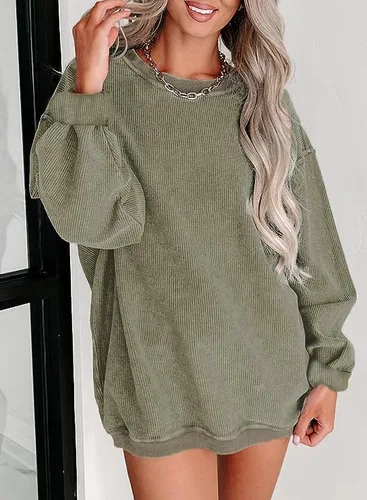 Vista 2 de Sudadera de pana de gran tamaño con cuello redondo para mujer, casual, manga larga, moderna, cómoda