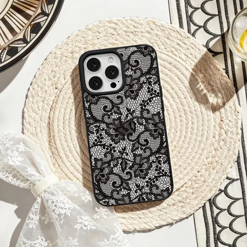 Vista 6 de NITITOP Funda para iPhone 13 Pro con flores de encaje transparente - Negro