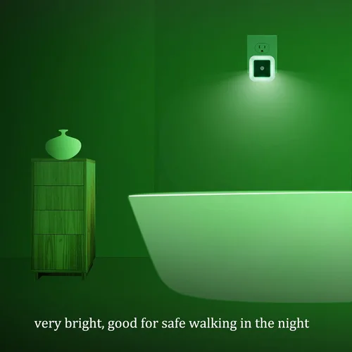 Vista 3 de Paquete de 2 luces nocturnas LED de color verde brillante, luz nocturna enchufable de 0.5 W con sensor de luz automático, para baño, pasillo, cocina