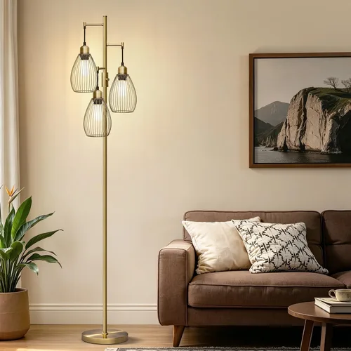 Vista 12 de Lámpara de pie regulable, 3 bombillas LED Edison de 800LM incluidas, lámpara de pie industrial de granja lámpara de árbol de pie con elegante jaula