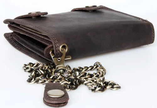 Vista 2 de FLW Cartera de cuero genuino RFID marrón con dos hebillas y cadena de metal, Marrón, Casual
