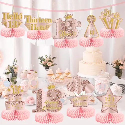 Vista 5 de 9 piezas de decoración de cumpleaños número 13, centros de mesa de cumpleaños rosa rosa dorado para niñas, centros de mesa de feliz cumpleaños 13