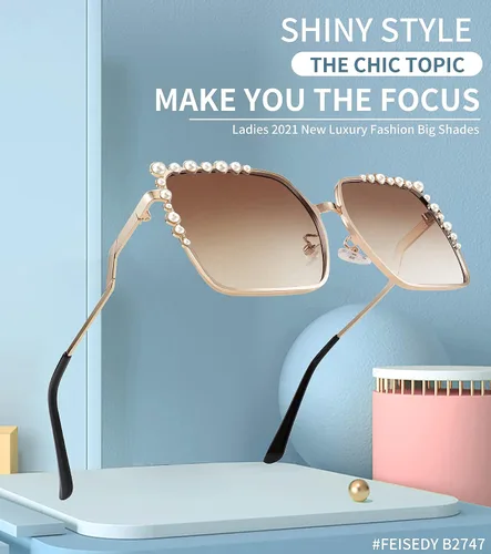 Vista 4 de FEISEDY Gafas de sol cuadradas de gran tamaño para mujer, diseño de perlas, para mujer, 2021, con tonos grandes