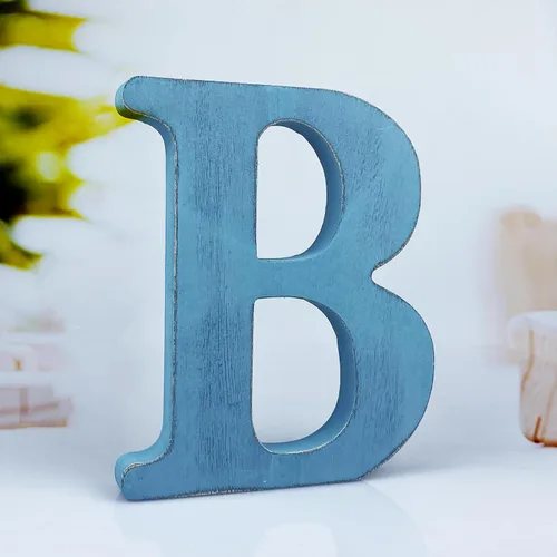 Vista 10 de Letras de madera azul rústica de 6 pulgadas, letras de madera sin terminar para pared, letras decorativas azules retro de pie, decoración de tablero