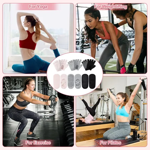 Vista 6 de Shihanee 6 pares de guantes de yoga antideslizantes para pilates, con agarre para mujer, guantes de silicona con agarre de puntos, calcetines sin