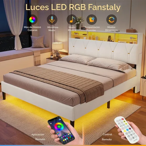 Vista 4 de HAUOMS - Base de cama de tamaño matrimonial con cabecera de almacenamiento y luces LED RGB, color crema