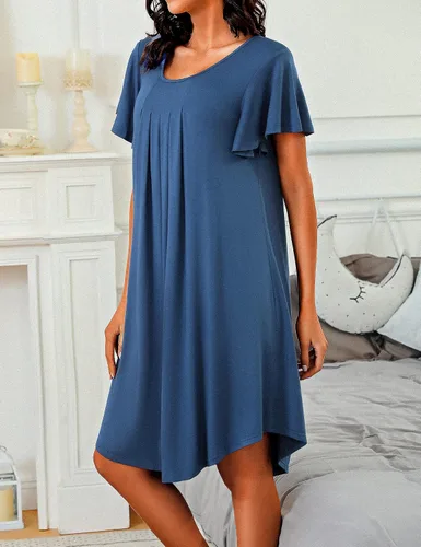 Vista 3 de Marvmys Camisón de manga corta para mujer, plisado, cuello redondo, vestido de pijama corto