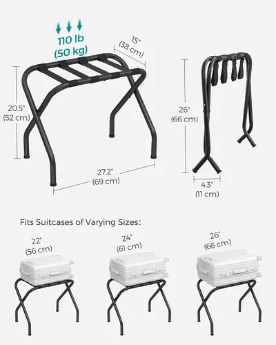 Vista 6 de SONGMICS Portaequipajes para habitación de invitados, juego de 2 soportes para maleta, marco de acero plegable, para hotel, dormitorio, soporta Negro