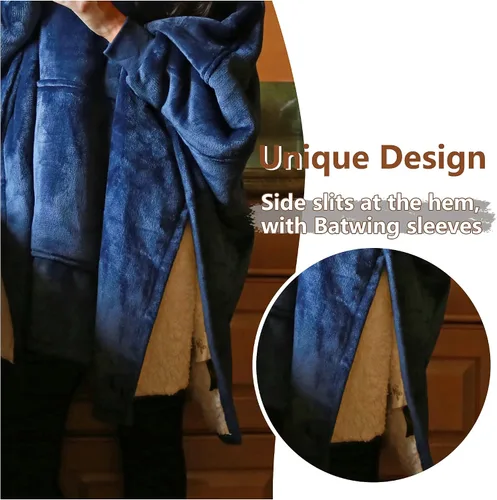 Vista 4 de Catalonia Poncho de sudadera con capucha de gran tamaño, capa casual con capucha, abrigo de murciélago, sherpa esponjoso, cómodo, espacioso
