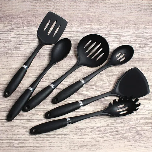 Vista 7 de Juego de herramientas de cocina de nailon resistente a altas temperaturas, kit de palas de 10 piezas de utensilios de cocina negros, suministros