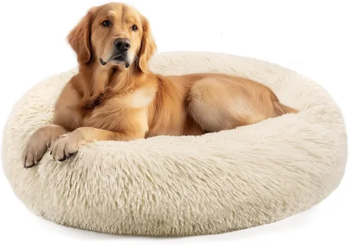 Vista 49 de Hoewina - Cama redonda, calmante, en forma de rosquilla, lavable, esponjosa para interiores, perros y gatos pequeños y medianos, negro, 20 pulgadas