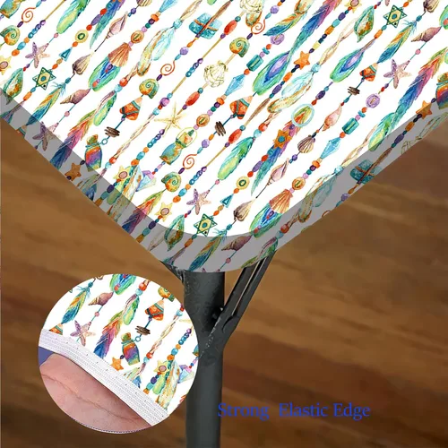 Vista 5 de Mantel bohemio con bordes elásticos, joyas con plumas y cuentas de conchas marinas, lavable a prueba de derrames, se adapta a mesas de 36 x 36