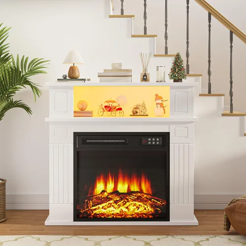 Vista 7 de Chimenea eléctrica de 28 pulgadas con repisa, chimenea LED pequeña con inserto de chimenea de 18 pulgadas, llama realista 3D, chimenea portátil