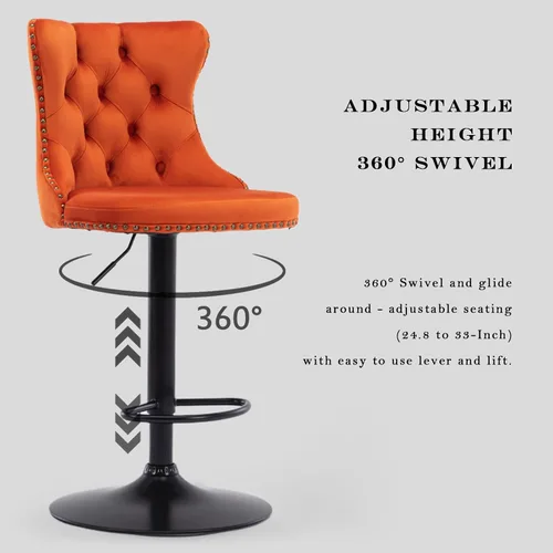 Vista 332 de SoarFlash Juego de 2 taburetes de bar tapizados de terciopelo moderno con patas de madera, botones acolchados, cabeza de clavo cromada, asiento