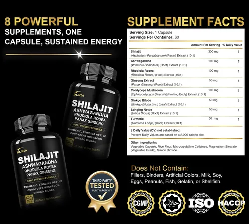 Vista 3 de DLNIA Shilajit 8 en 1 para hombres y mujeres con suplemento orgánico del Himalaya Ashwaganda con Rhodiola Rosea, ginseng, cúrcuma, hongos